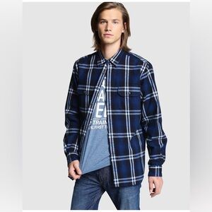 EUC Men’s Size Medium Express Plaid Button Down Flannel Shirt In Dark Navy/White